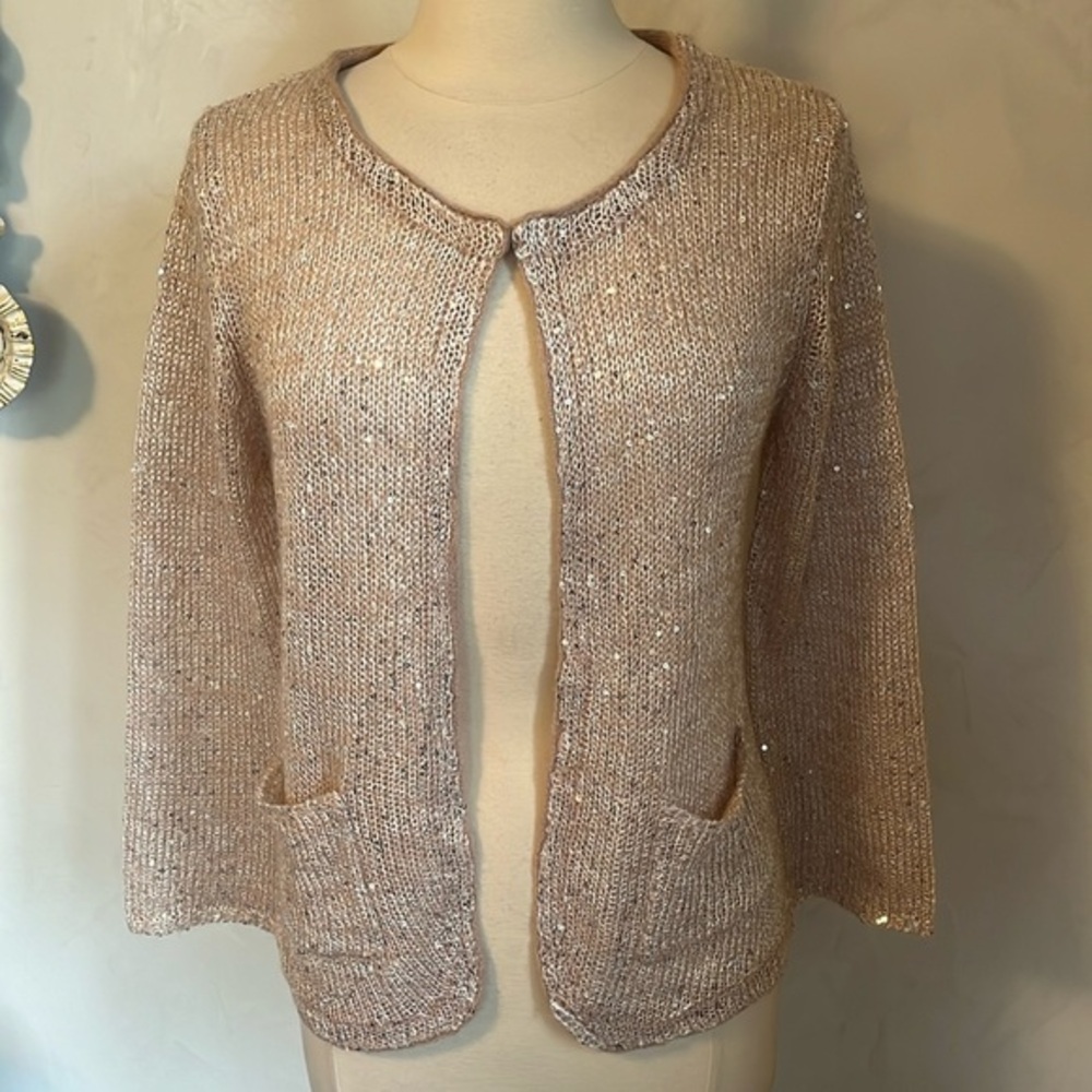 Taylor Marc’s Pink sequins light weight semi shear cardigan w/pockets Size Large